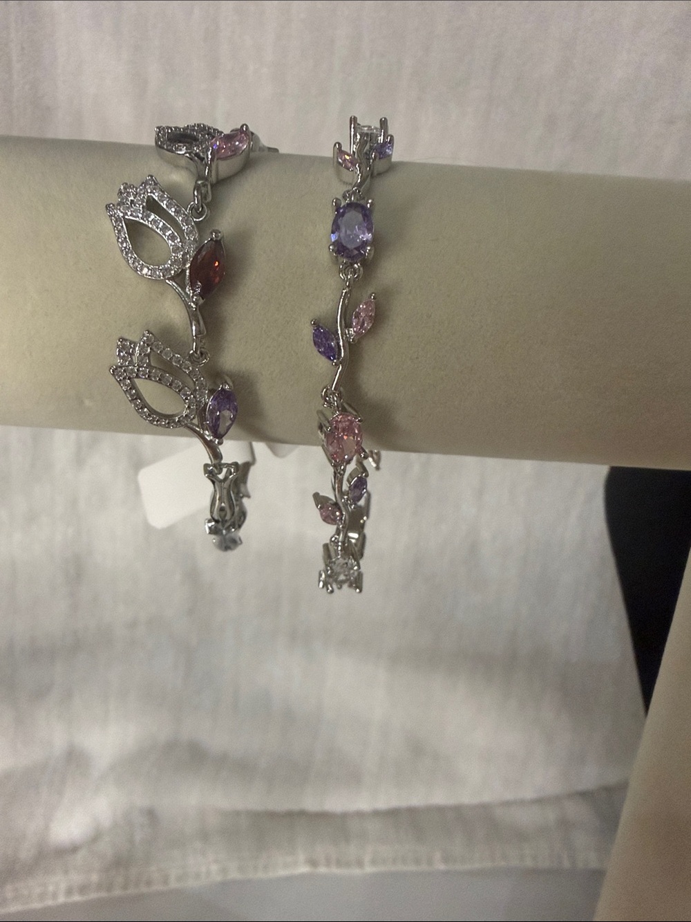 White Gold Filled Floral Pink & Purple Gemstone Bracelet Set